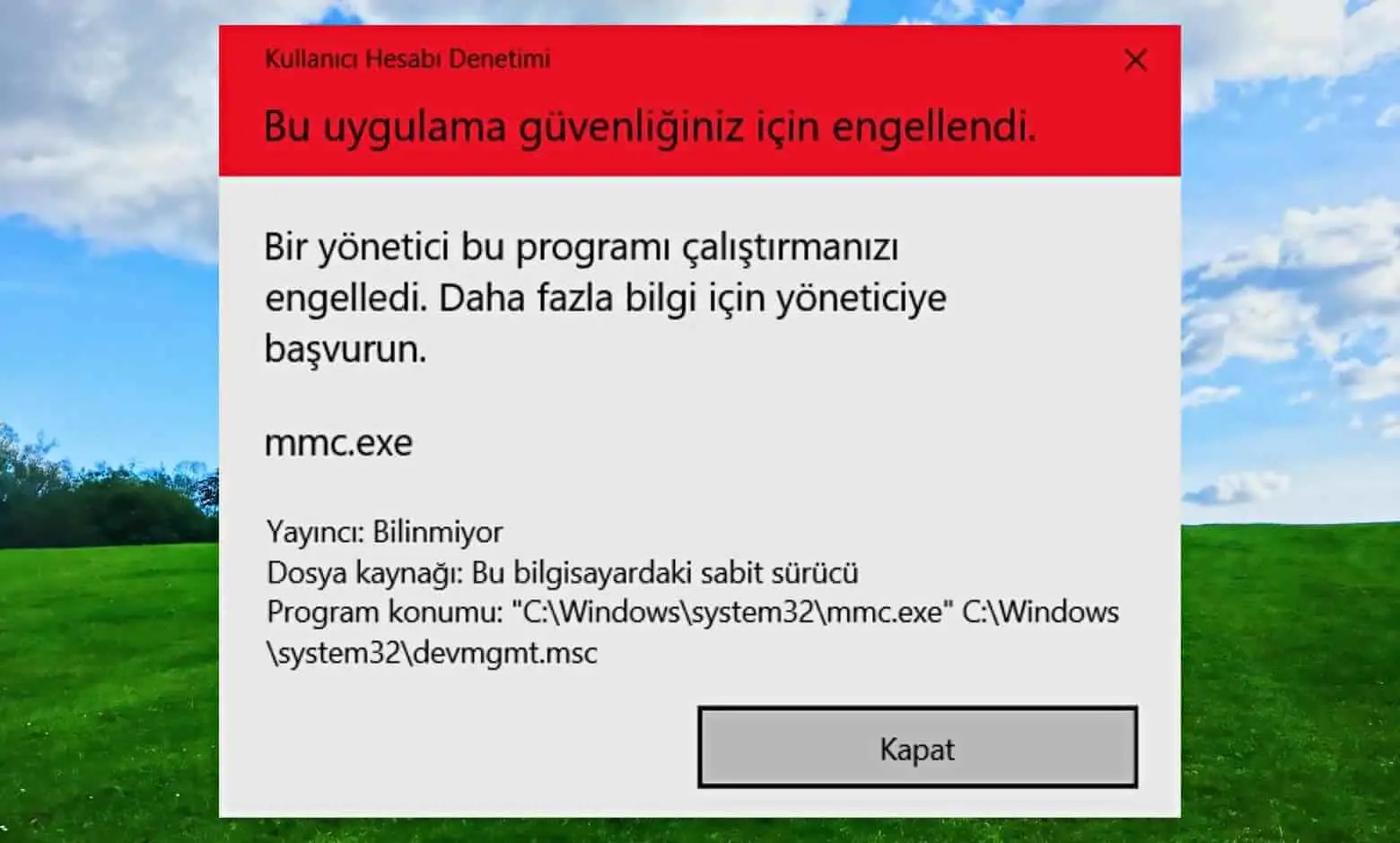 Bu Uygulama Güvenliğiniz İçin Engellendi Hatası